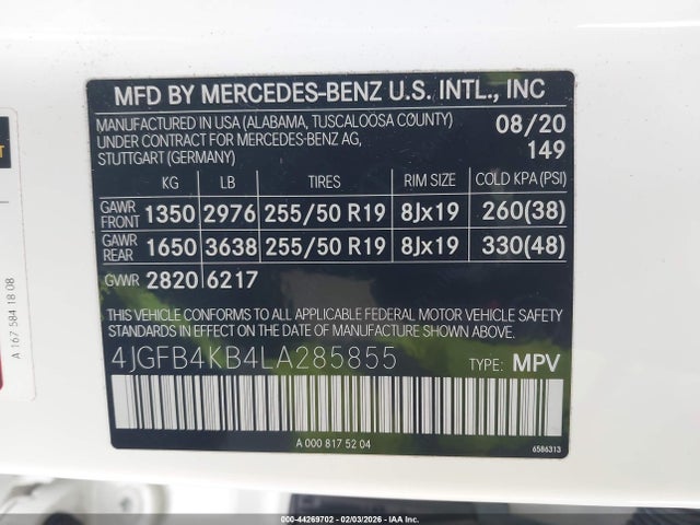 44269702 :رقم المزاد ، 4JGFB4KB4LA285855 vin ، 2020 Mercedes-benz Gle 350 4matic مزاد بيع