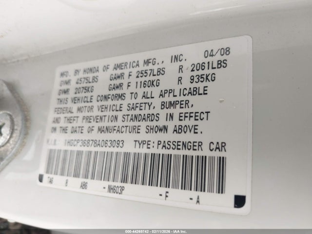 44269742 :رقم المزاد ، 1HGCP36878A063093 vin ، 2008 Honda Accord 3.5 Ex-l مزاد بيع