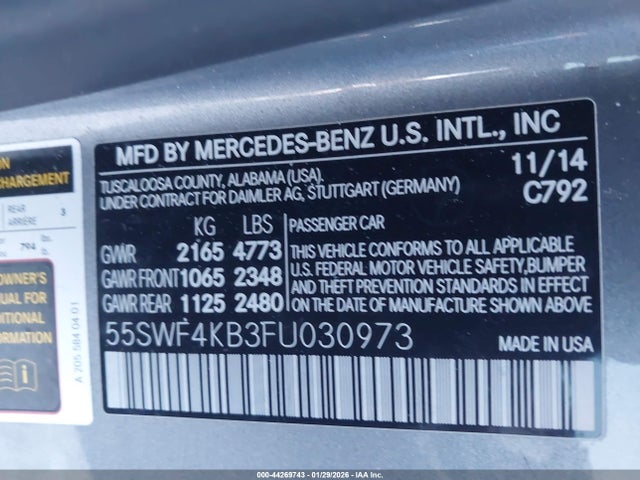 Aukcja sprzedaży 2015 Mercedes-benz C 300 Luxury 4matic, vin: 55SWF4KB3FU030973, numer aukcji: 44269743