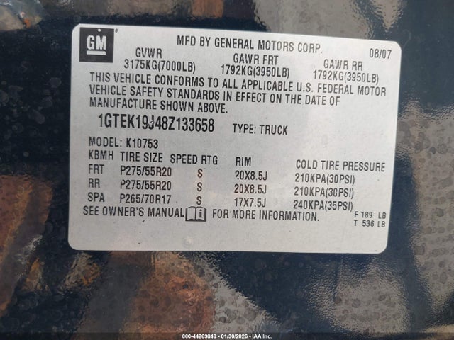 44269849 :رقم المزاد ، 1GTEK19J48Z133658 vin ، 2008 Gmc Sierra 1500 Sle1 مزاد بيع
