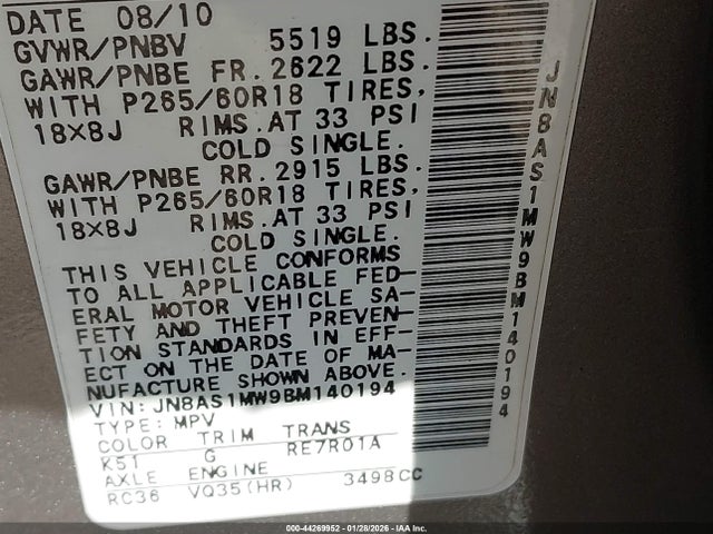 Продажа на аукционе авто 2011 Infiniti Fx35, vin: JN8AS1MW9BM140194, номер лота: 44269952