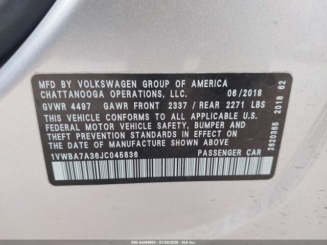 Продаж на аукціоні авто 2018 Volkswagen Passat 2.0t Se, vin: 1VWBA7A36JC045836, номер лоту: 44269983