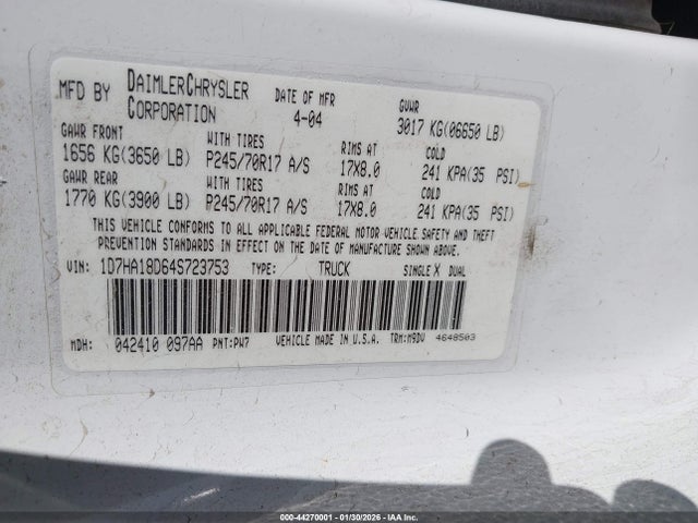Auction sale of the 2004 Dodge Ram 1500 Slt/laramie, vin: 1D7HA18D64S723753, lot number: 44270001