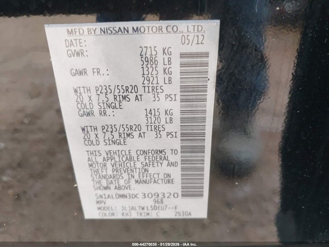 Продаж на аукціоні авто 2013 Infiniti Jx35, vin: 5N1AL0MN3DC309320, номер лоту: 44270038