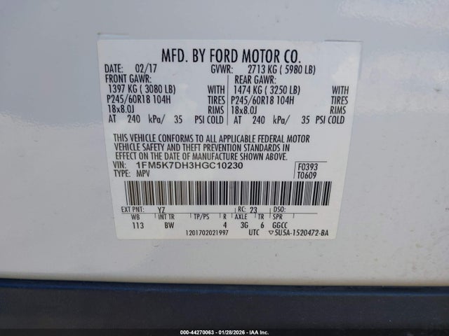 44270063 :رقم المزاد ، 1FM5K7DH3HGC10230 vin ، 2017 Ford Explorer Xlt مزاد بيع