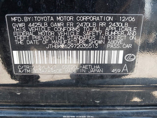 44270096 :رقم المزاد ، JTHBK262972035513 vin ، 2007 Lexus Is 250 مزاد بيع