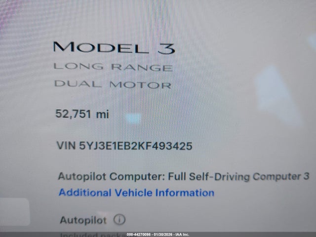 Aukcja sprzedaży 2019 Tesla Model 3 Long Range/performance, vin: 5YJ3E1EB2KF493425, numer aukcji: 44270098