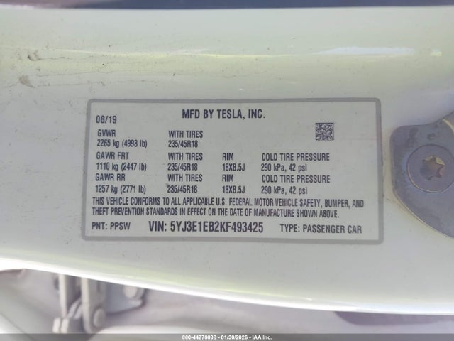 Aukcja sprzedaży 2019 Tesla Model 3 Long Range/performance, vin: 5YJ3E1EB2KF493425, numer aukcji: 44270098