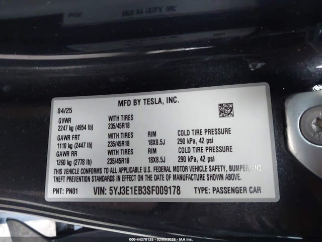 Aukcja sprzedaży 2025 Tesla Model 3 Long Range All-wheel Drive, vin: 5YJ3E1EB3SF009178, numer aukcji: 44270125