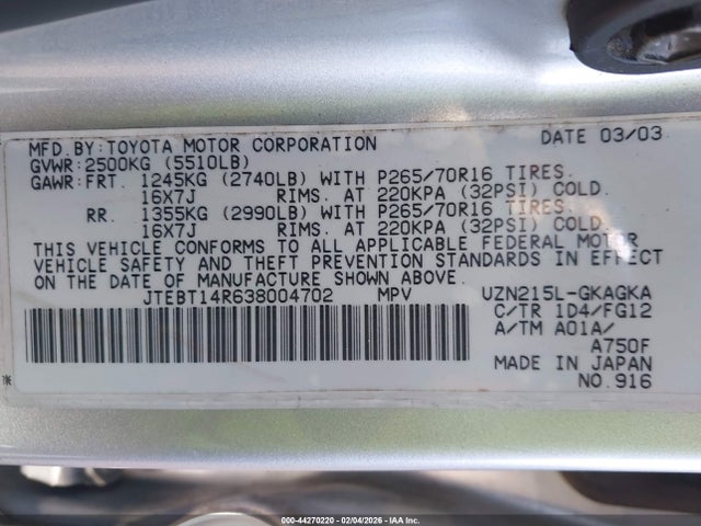 2003 TOYOTA 4RUNNER JTEBT14R638004702 Photo 8