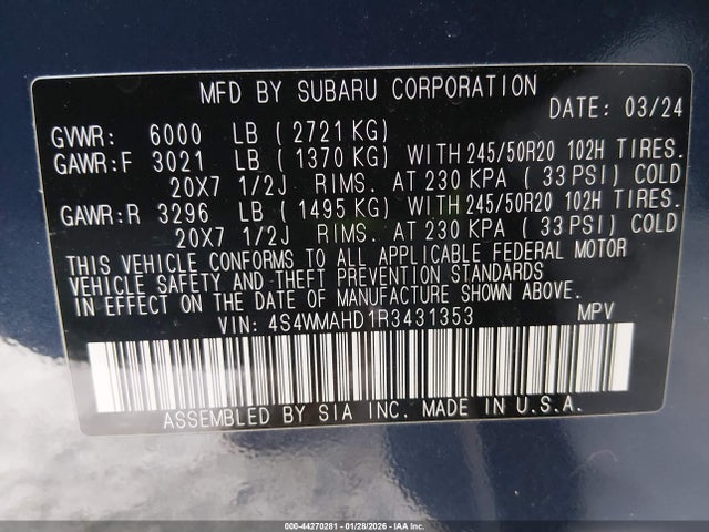 Продаж на аукціоні авто 2024 Subaru Ascent Onyx Edition 7-passenger, vin: 4S4WMAHD1R3431353, номер лоту: 44270281