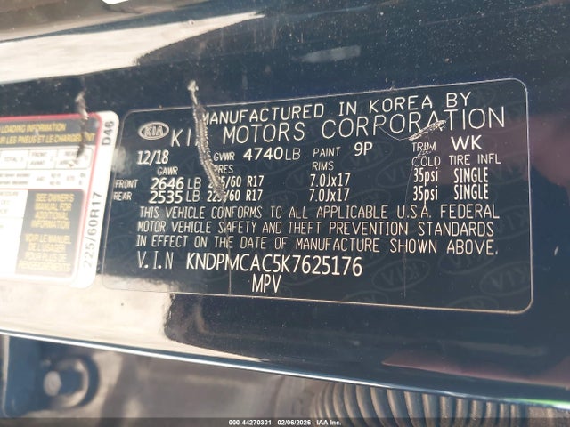44270301 :رقم المزاد ، KNDPMCAC5K7625176 vin ، 2019 Kia Sportage Lx مزاد بيع