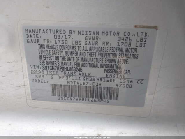 3N1CN7AP8HL863245 Nissan Versa 1.6 Sv