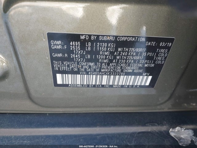 4S4BSAHCXK3322780 Subaru Outback 2.5i Premium