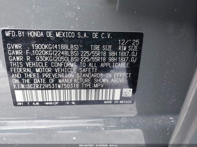 44270387 :رقم المزاد ، 3CZRZ2H53TM750318 vin ، 2026 Honda Hr-v Awd Sport مزاد بيع