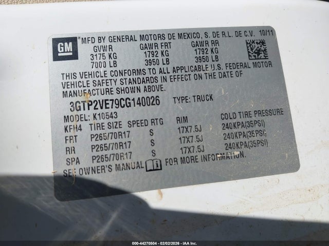 44270504 :رقم المزاد ، 3GTP2VE79CG140026 vin ، 2012 Gmc Sierra 1500 Sle مزاد بيع