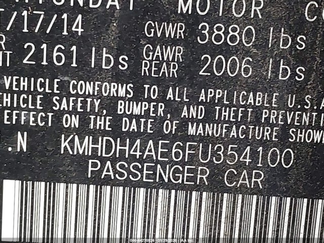 KMHDH4AE6FU354100 Hyundai ELANTRA SE