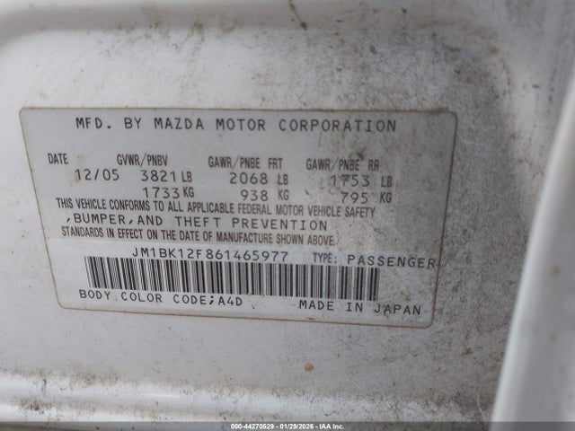 Aukcja sprzedaży 2006 Mazda Mazda3 I, vin: JM1BK12F861465977, numer aukcji: 44270529