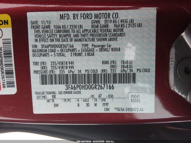 2016 Ford Fusion Se მანქანა იყიდება აუქციონზე, vin: 3FA6P0HD0GR267166, აუქციონის ნომერი: 44270539