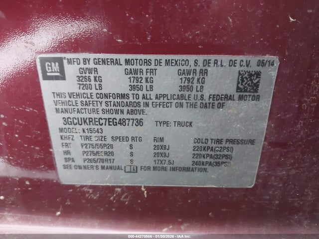 Aukcja sprzedaży 2014 Chevrolet Silverado 1500 1lt, vin: 3GCUKREC7EG487736, numer aukcji: 44270566