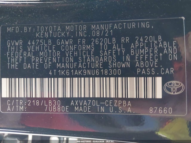 4T1K61AK9NU618300 Toyota CAMRY XSE