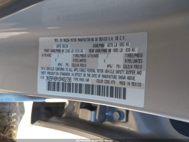 44270609 :رقم المزاد ، 3MZBPABMXSM452786 vin ، 2025 Mazda Mazda3 2.5 S Select Sport مزاد بيع