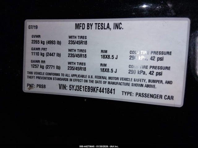 5YJ3E1EB9KF441841 Tesla Model 3 Long Range/performance