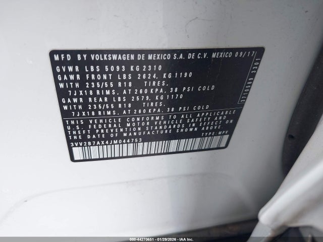2018 Volkswagen Tiguan 2.0t Se/2.0t Sel მანქანა იყიდება აუქციონზე, vin: 3VV2B7AX4JM044753, აუქციონის ნომერი: 44270651