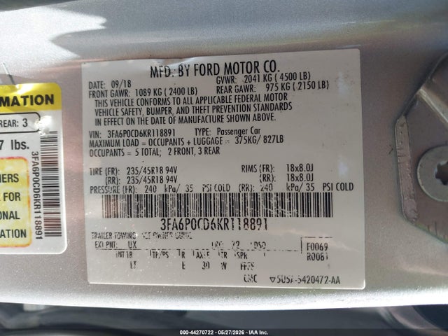 Продаж на аукціоні авто 2019 Ford Fusion Sel, vin: 3FA6P0CD6KR118891, номер лоту: 44270722