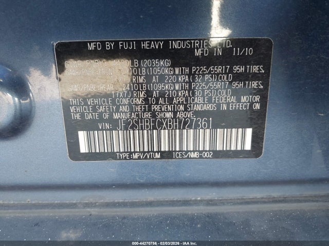 2011 Subaru Forester 2.5x Limited მანქანა იყიდება აუქციონზე, vin: JF2SHBFCXBH727361, აუქციონის ნომერი: 44270756