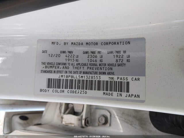 Aukcja sprzedaży 2021 Mazda Mazda3 Preferred, vin: JM1BPBLL5M1328553, numer aukcji: 44270770