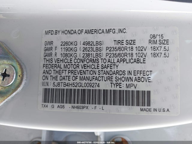 Aukcja sprzedaży 2016 Acura Rdx Technology   Acurawatch Plus Packages/technology Package, vin: 5J8TB4H52GL009274, numer aukcji: 44270780