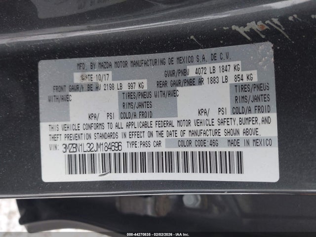 Продажа на аукционе авто 2018 Mazda Mazda3 Touring, vin: 3MZBN1L32JM184696, номер лота: 44270835