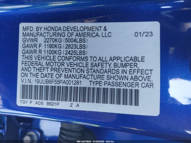 44270845 :رقم المزاد ، 19UUB6F55PA001281 vin ، 2023 Acura Tlx A-spec Package مزاد بيع