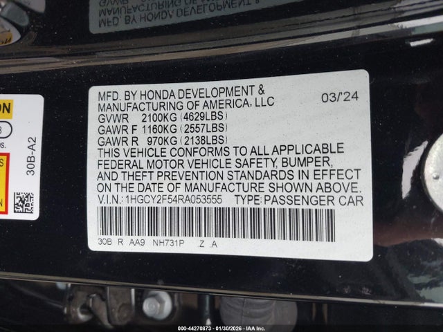 44270873 :رقم المزاد ، 1HGCY2F54RA053555 vin ، 2024 Honda Accord Hybrid Sport مزاد بيع