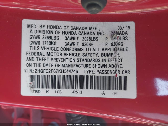 Honda Civic Lx 2019 2HGFC2F67KH544746 Image 9