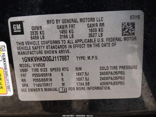 1GNKVHKD0GJ117887 Chevrolet Traverse 2lt