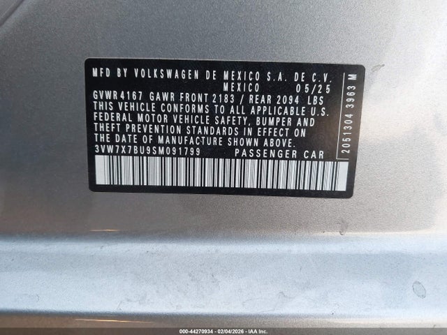 Aukcja sprzedaży 2025 Volkswagen Jetta 1.5t Se, vin: 3VW7X7BU9SM091799, numer aukcji: 44270934