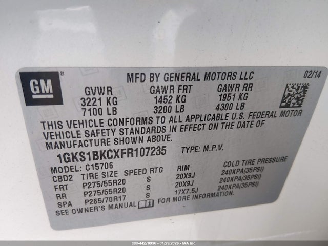 44270936 :رقم المزاد ، 1GKS1BKCXFR107235 vin ، 2015 Gmc Yukon Slt مزاد بيع