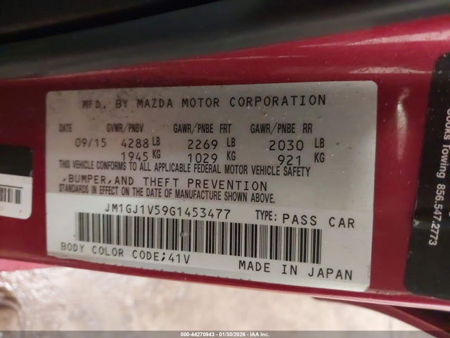 44270943 :رقم المزاد ، JM1GJ1V59G1453477 vin ، 2016 Mazda Mazda6 I Touring مزاد بيع