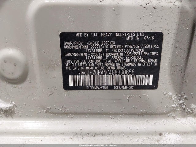 44270965 :رقم المزاد ، JF2GPANC4G8330658 vin ، 2016 Subaru Crosstrek 2.0i Limited مزاد بيع