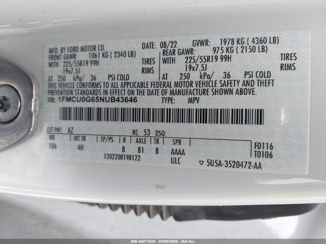 2022 Ford Escape Se მანქანა იყიდება აუქციონზე, vin: 1FMCU0G65NUB43646, აუქციონის ნომერი: 44271025