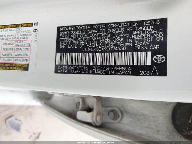 Aukcja sprzedaży 2009 Toyota Corolla Xle, vin: JTDBL40EX9J024638, numer aukcji: 44271092