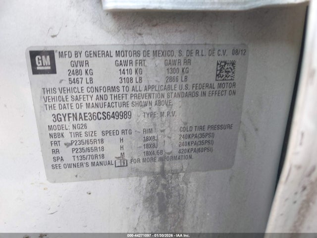 Продажа на аукционе авто 2012 Cadillac Srx Luxury Collection, vin: 3GYFNAE36CS649989, номер лота: 44271097