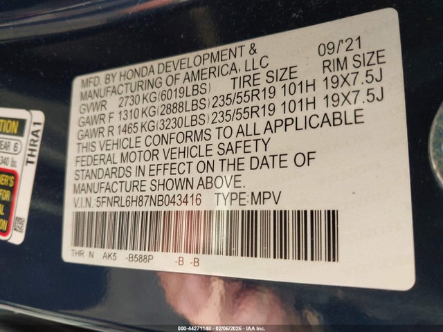 2022 HONDA ODYSSEY 5FNRL6H87NB043416 Photo 8