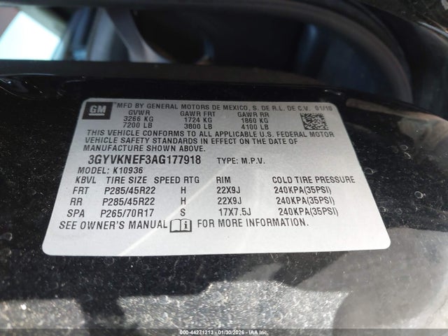 44271213 :رقم المزاد ، 3GYVKNEF3AG177918 vin ، 2010 Cadillac Escalade Ext Premium مزاد بيع