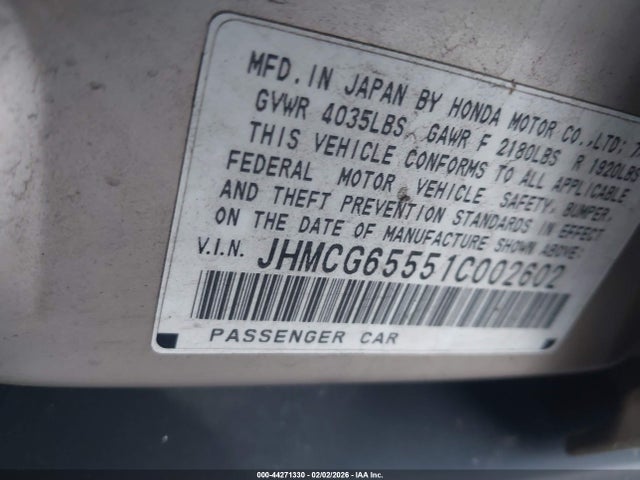 2001 Honda Accord 2.3 Lx მანქანა იყიდება აუქციონზე, vin: JHMCG65551C002602, აუქციონის ნომერი: 44271330