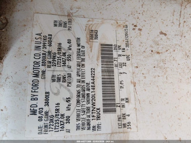 Auction sale of the 2004 Ford F-250 Lariat/xl/xlt, vin: 1FTNW20L14EA44222, lot number: 44271369