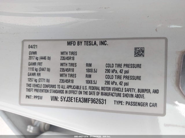 Aukcja sprzedaży 2021 Tesla Model 3 Standard Range Plus Rear-wheel Drive, vin: 5YJ3E1EA3MF962631, numer aukcji: 44271374