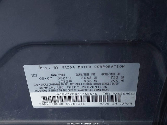 44271405 :رقم المزاد ، JM1BK32F871765676 vin ، 2007 Mazda Mazda3 I مزاد بيع